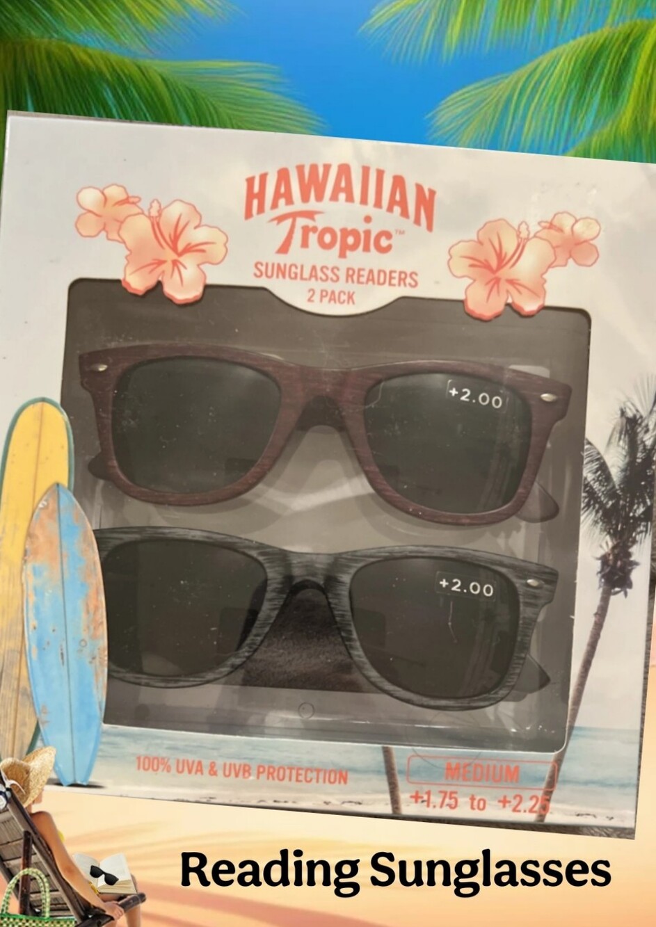 Hawaiian Tropic Sunglass +2.00 Readers 2-Pack  100% UVA & UVB Protection